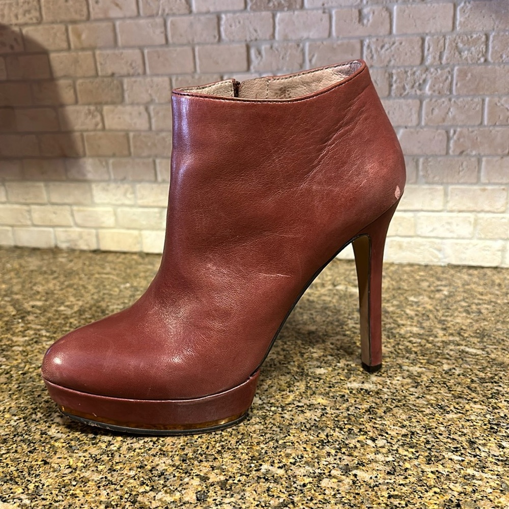 Vince Camuto DIRA Burgundy Leather Platform Stiletto Ankle Bootie w/ Gold Trim